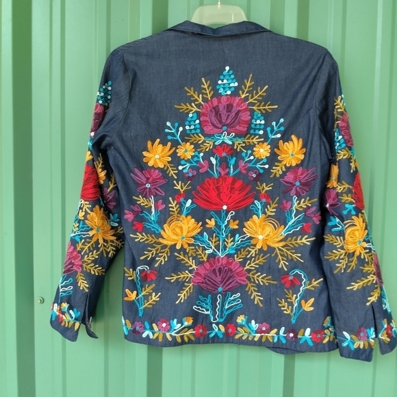 Women's Colorful Blue Floral Embroidered Jacket Size Small Embroidery Boho - Picture 6 of 11